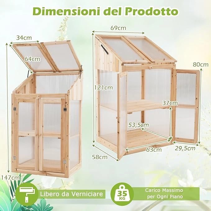 Serra da Balcone, Serra in Legno con Ripiano Fiori Rialzato, Tetto Trasparente Apribile, Porta Bloccabile e Ripiani Rimovibili, per Giardino e Cortile, 69 x 58 x 121 cm