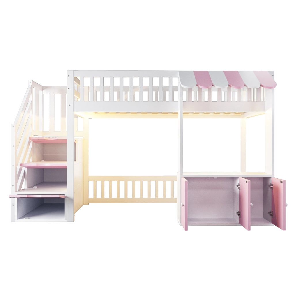 Letto a soppalco singolo 90x200 cm con scala contenitore e luce LED; rosa e bianco