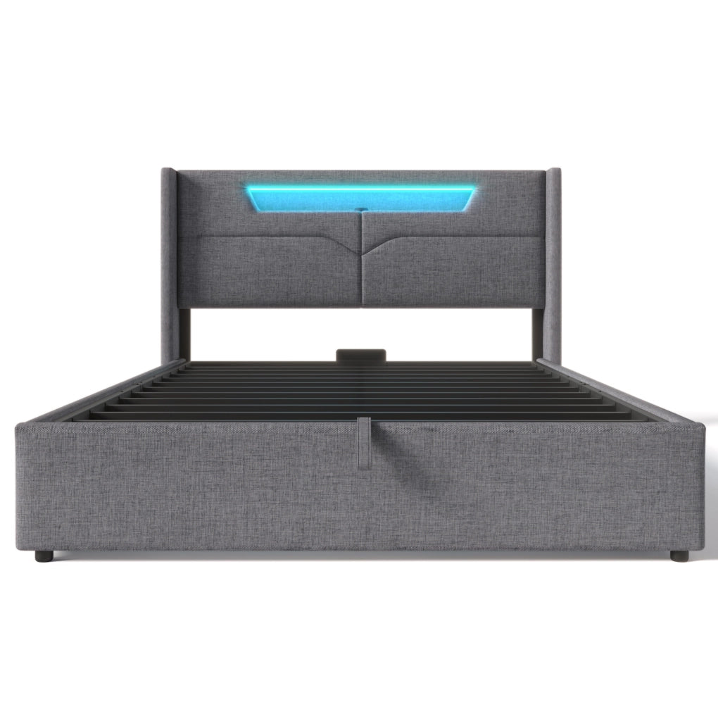 Letto matrimoniale contenitore 160x200 cm con LED; USB e Type-C in lino grigio HOMVRA