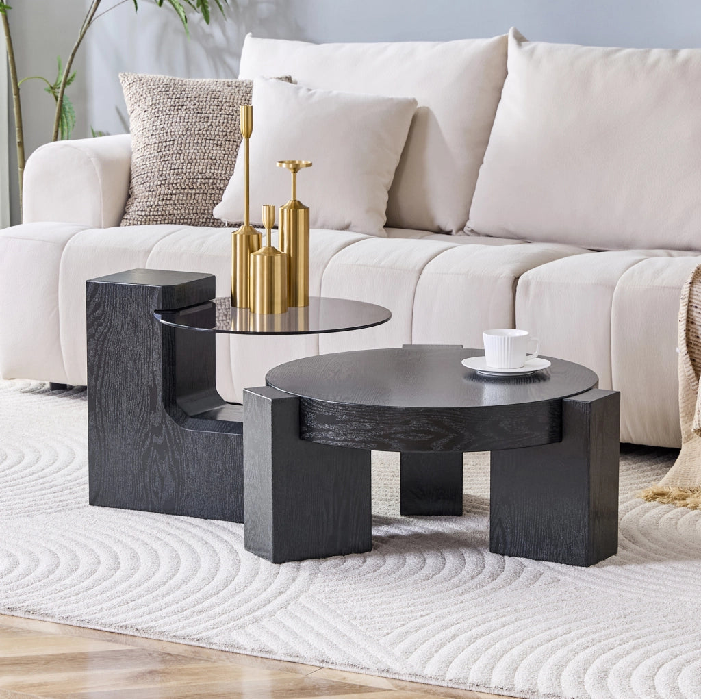 Set tavolini da salotto rotondi separabili in MDF e vetro grigio HOMVRA