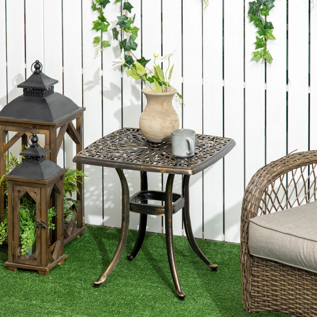 Tavolino da Esterno in Alluminio con Foratura per Ombrellone 54x54x52,5 cm, Finitura Bronzo Vintage per Giardino e Balcone