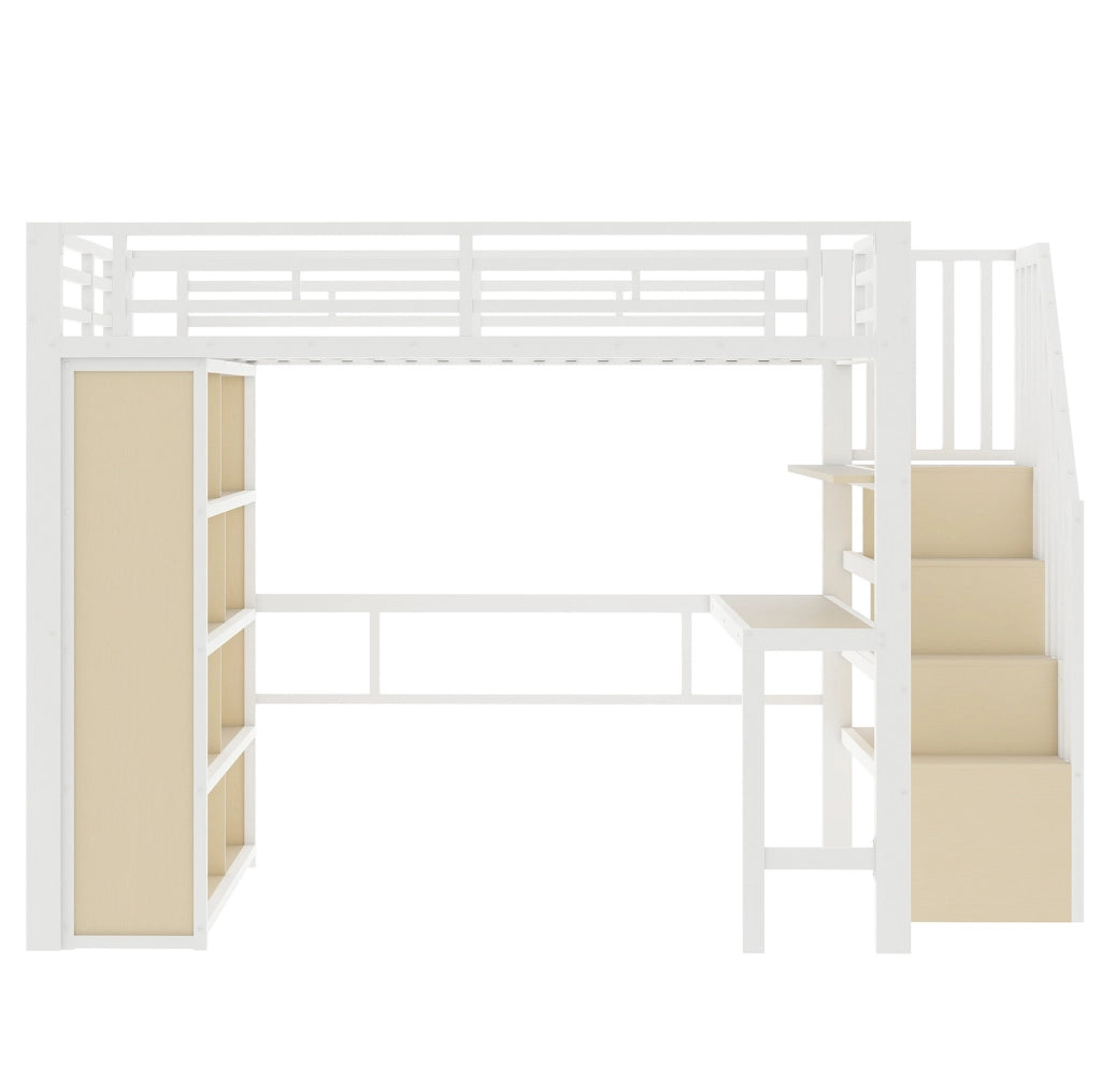 Letto a soppalco 140x200 cm con struttura in ferro, scrivania, mensole, LED integrato e scale con vano portaoggetti, bianco