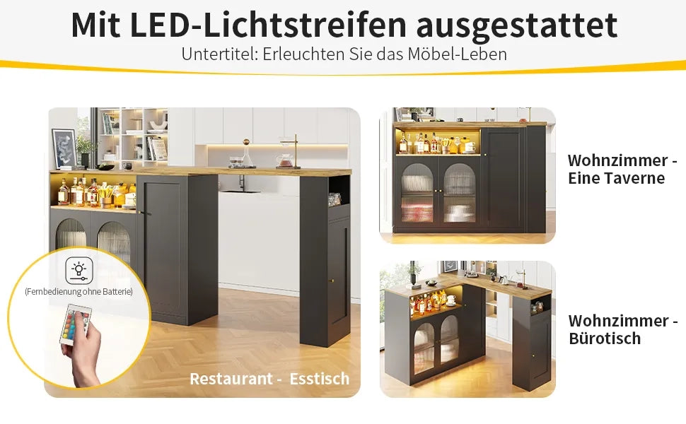 Bar Girevole 360° 198x39,6x97 cm, Mobile Nero Opaco con Scrivania Effetto Legno, Ante Vetro e LED, Sideboard Cantinetta Angolo Caffè