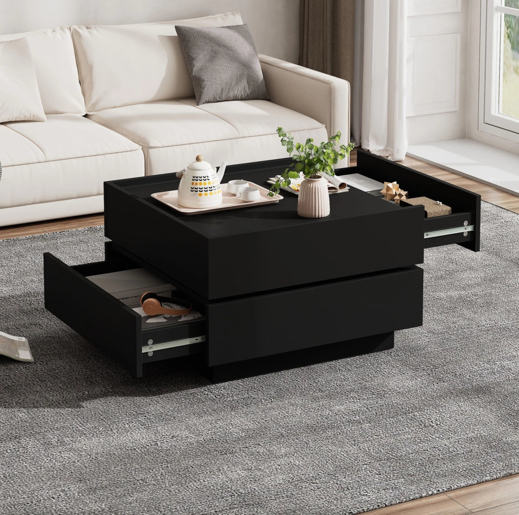 Tavolino da caffè girevole 360° 60x60x38 cm con 2 cassetti in truciolare nero