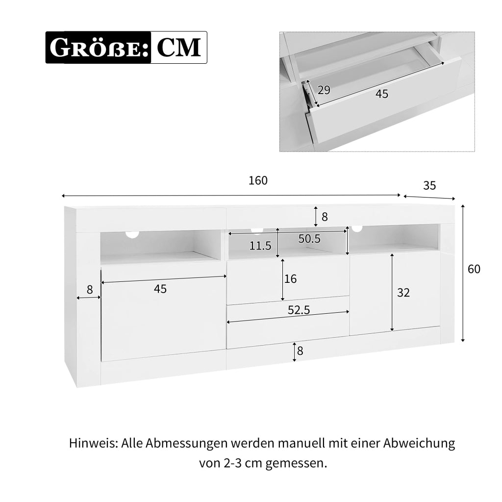 Mobile TV 160x35x60 cm con LED; 3 vani aperti; 2 ante e 2 cassetti; pannello truciolare bianco