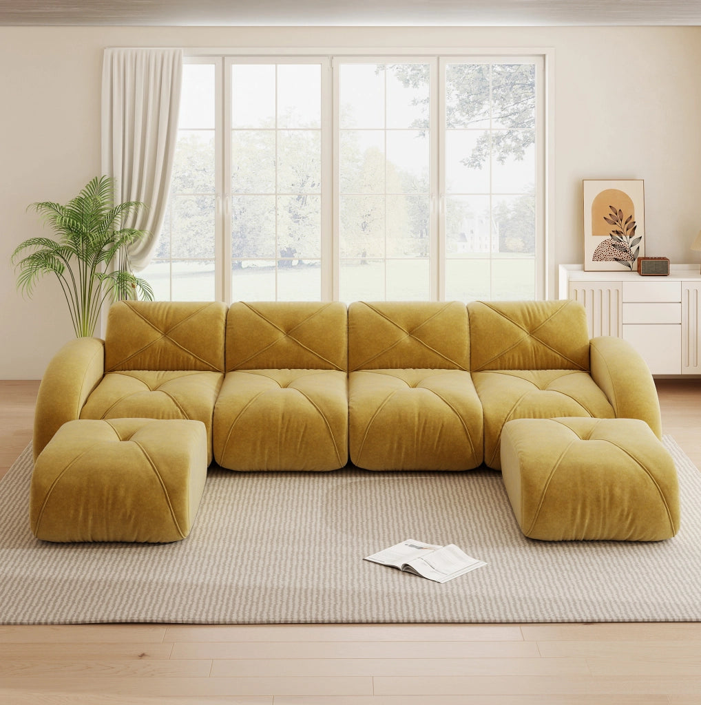 Divano modulare 4 posti 358x171x76 cm in ciniglia gialla con 2 pouf