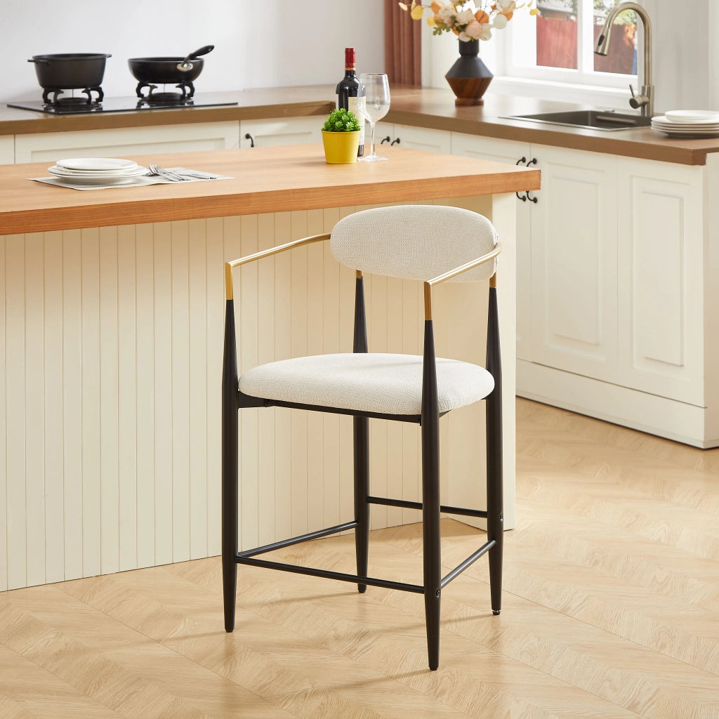 Set di 2 sgabelli da bar con braccioli e seduta imbottita per cucina in tessuto beige