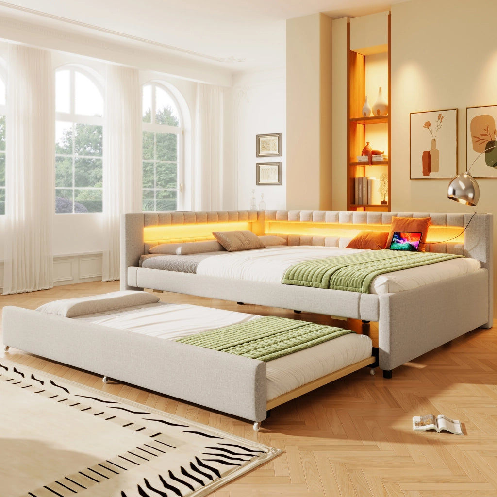 Letto divano estraibile 140 × 200 cm e 90 × 190 cm con LED; USB e porta tipo C; senza materasso; lino beige