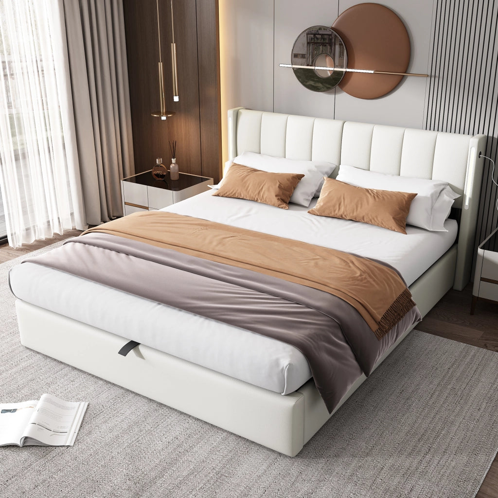 Letto contenitore LED 160x200 cm; matrimoniale con contenitore idraulico; USB; testiera regolabile; PU effetto ciottoli; bianco
