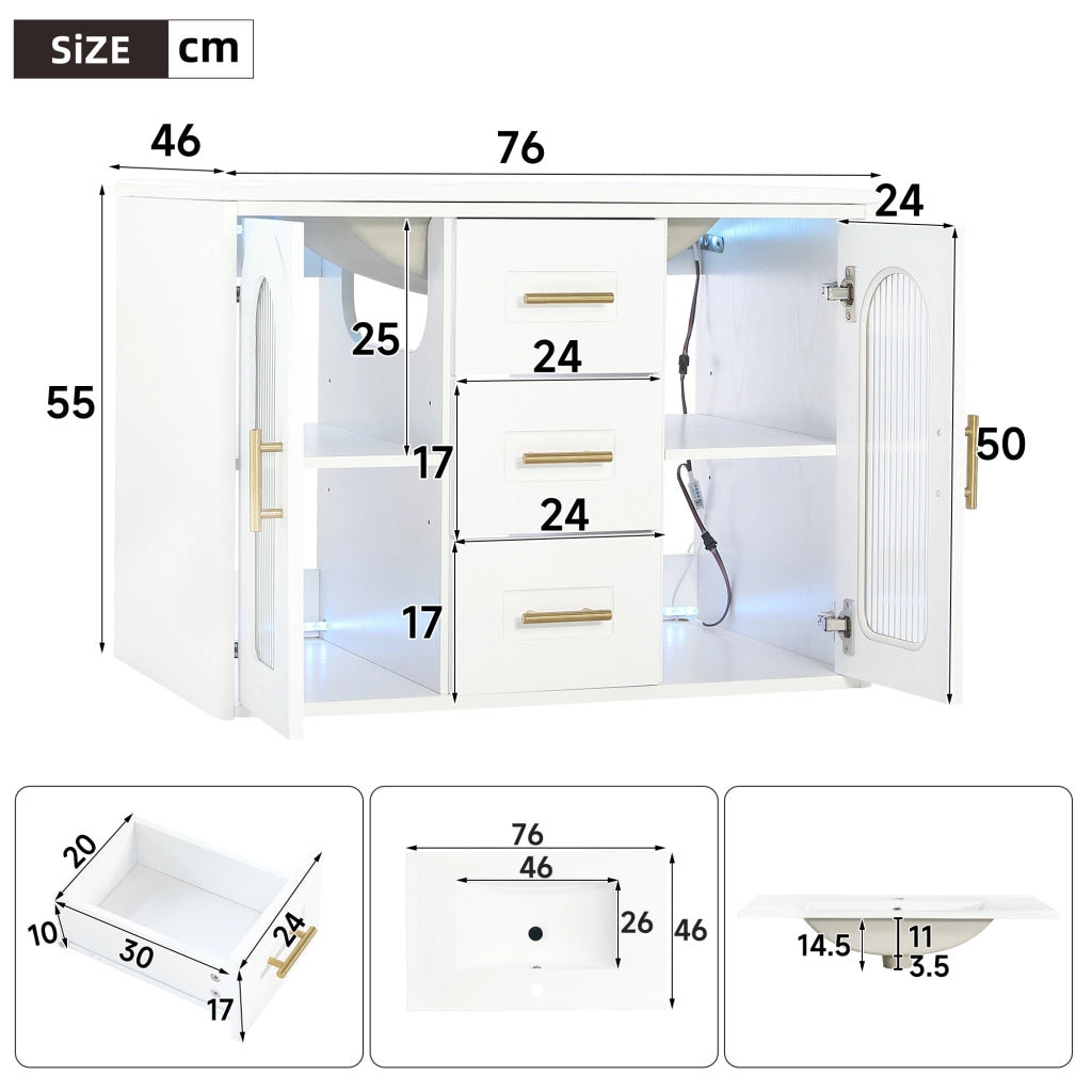 Mobile bagno sospeso 76 cm con lavabo in ceramica 2 cassetti ante in vetro rigato LED in MDF bianco effetto legno