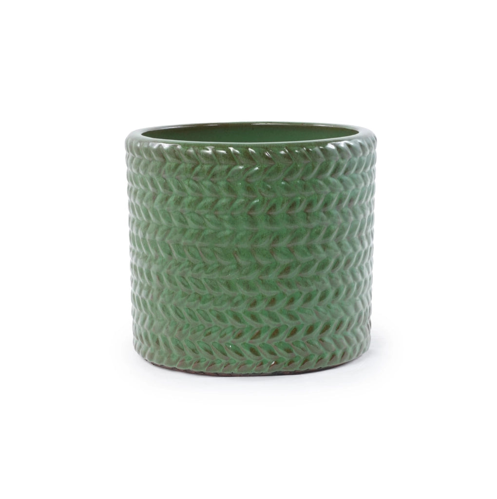 Vaso in ceramica Ø24,5 cm con smalto oliva lucido e motivo spina di pesce, per piante grasse e piante da interno