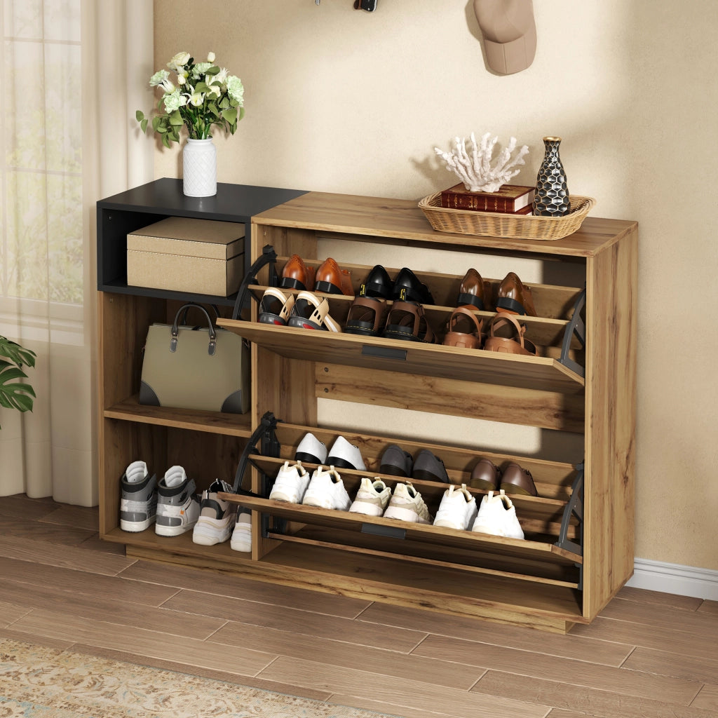 Scarpiera per ingresso con 3 vani aperti e 2 scomparti a ribalta in MDF naturale e nero 120 ¡Á 32 ¡Á 84.5 cm