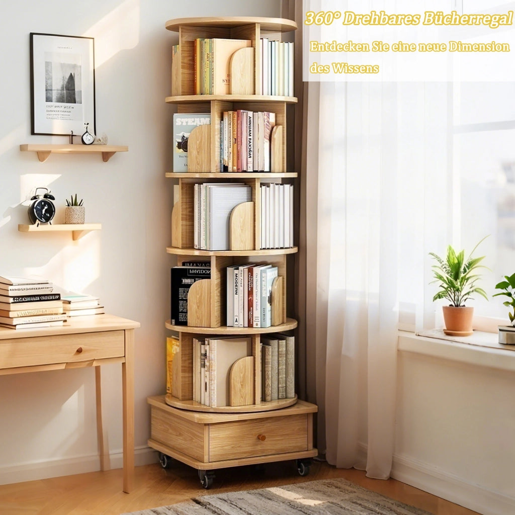 Libreria girevole 360° con rotelle e cassetto per piccoli spazi in MDF legno per soggiorno e camera da letto 58 × 56 × 29 cm