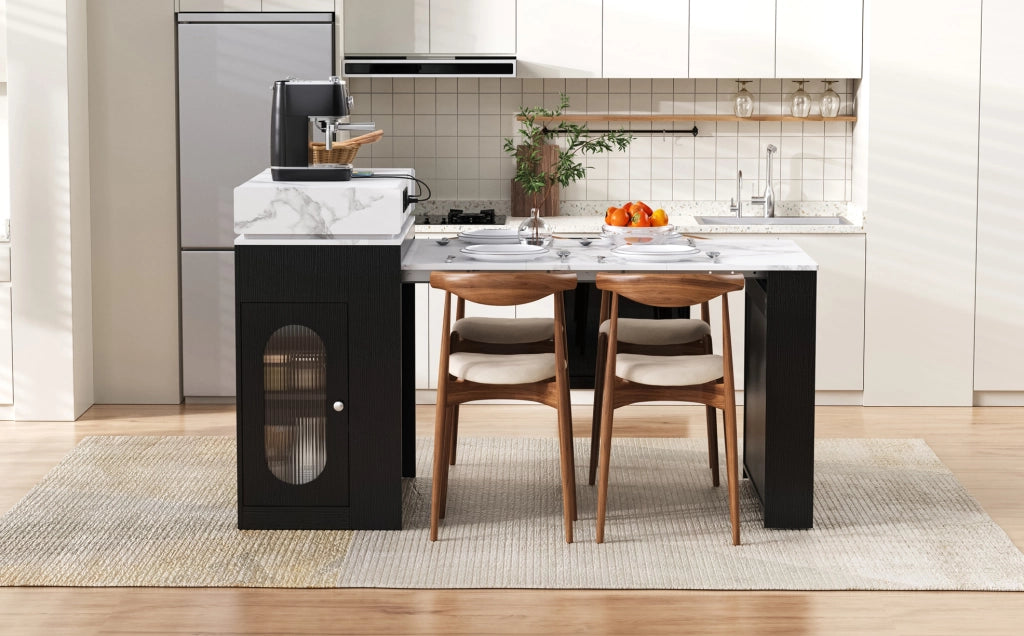 Isola cucina nera con ruote, tavolo da pranzo allungabile con piano pieghevole, prese e ganci integrati, ideale per cucina e sala da pranzo