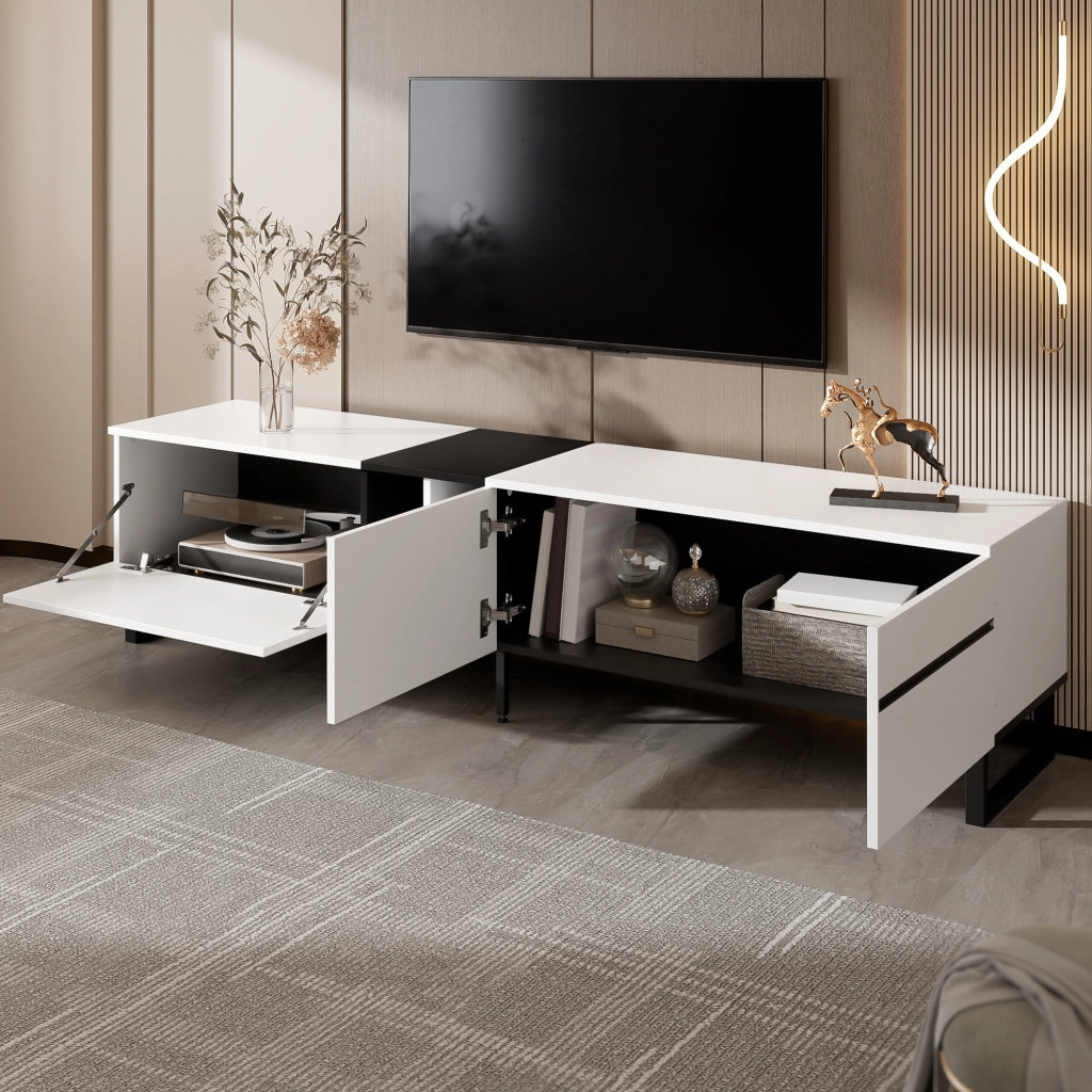 Mobile TV con anta a ribalta, vano aperto e 2 ante, piedi regolabili, per soggiorno, bianco, 180 × 38 × 45 cm
