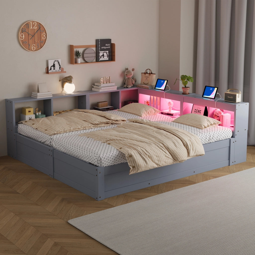 Divano Letto 90/180x200 cm Multifunzione in Legno MDF Grigio con Contenitore Idraulico e LED