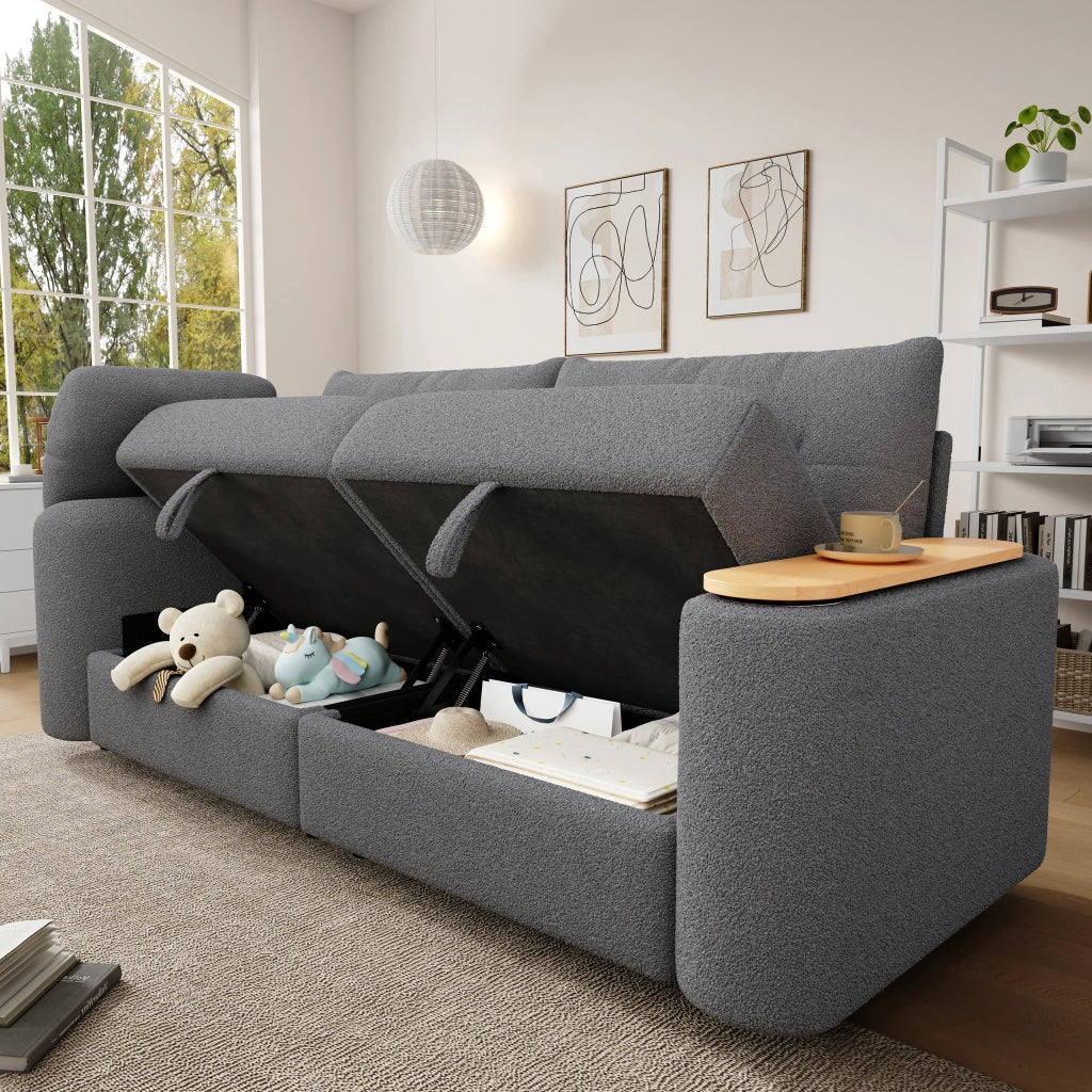 Divano modulare 2-3 posti con contenitore; poggiatesta e tavolino laterale; 207;5 cm; grigio