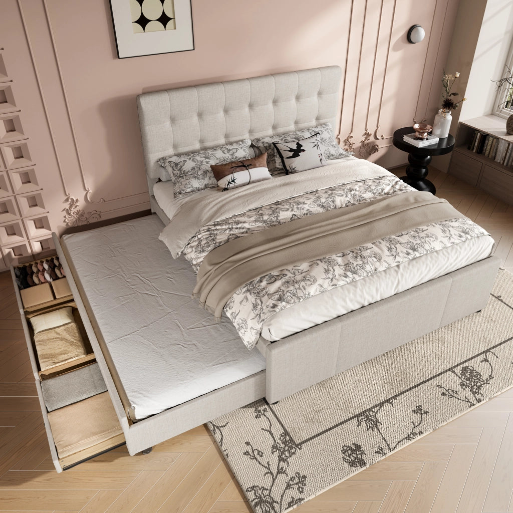 Letto imbottito matrimoniale 140 ¡Á 200 cm estraibile con tre cassetti testiera regolabile beige