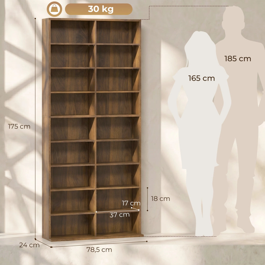 Scaffale porta CD e DVD in pannello truciolare; noce scuro; 18 scomparti; ripiani regolabili; 78;5 x 24 x 175 cm