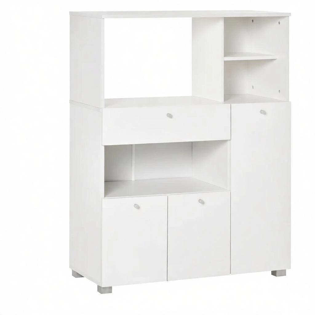 Cassone da cucina con vano per microonde; 3 ante; cassetto e 4 nicchie in truciolare bianco 90 × 40 × 120 cm