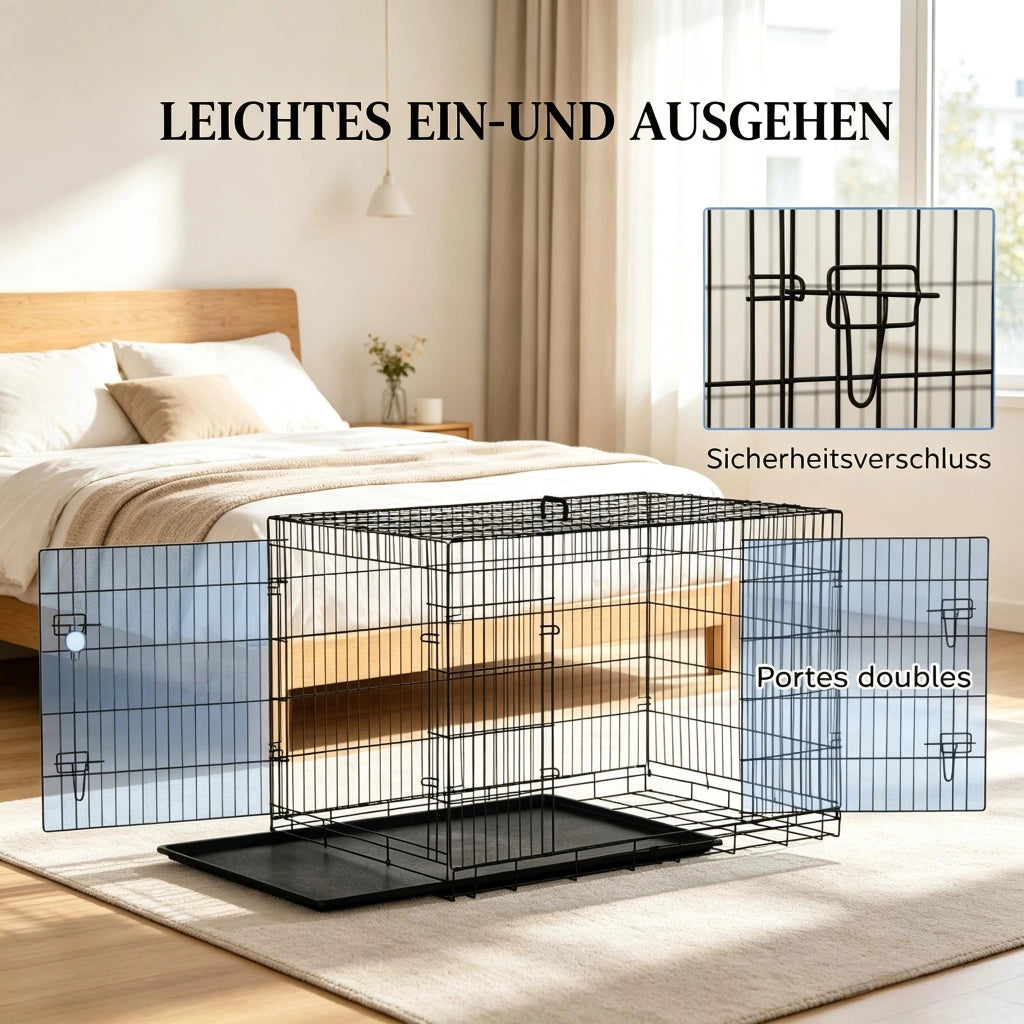 Gabbia per cani pieghevole con 2 porte bloccabili vassoio rimovibile maniglia in acciaio nero 121 × 77 × 82 cm