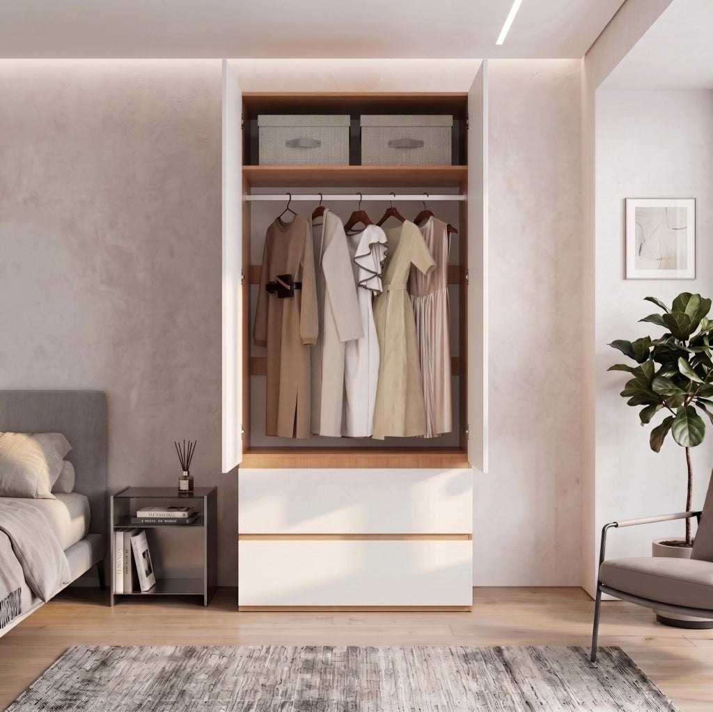 Armadio guardaroba con 2 ante, 2 cassetti, 1 barra appendiabiti, 90x50x200 cm, bianco con finiture rovere