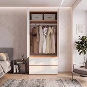 Armadio guardaroba con 2 ante, 2 cassetti, 1 barra appendiabiti, 90x50x200 cm, bianco con finiture rovere