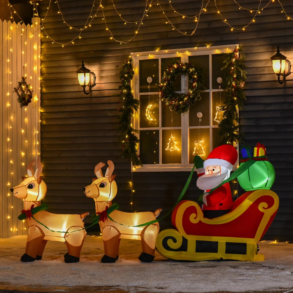 Babbo Natale Gonfiabile con Slitta e 2 Renne, Addobbi di Natale in Tessuto Poliestere Impermeabile con Luci a LED 240x57x112cm