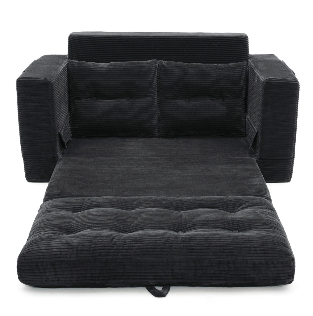 Divano letto matrimoniale con ampi braccioli e tasche laterali, imbottitura elastica, colore nero
