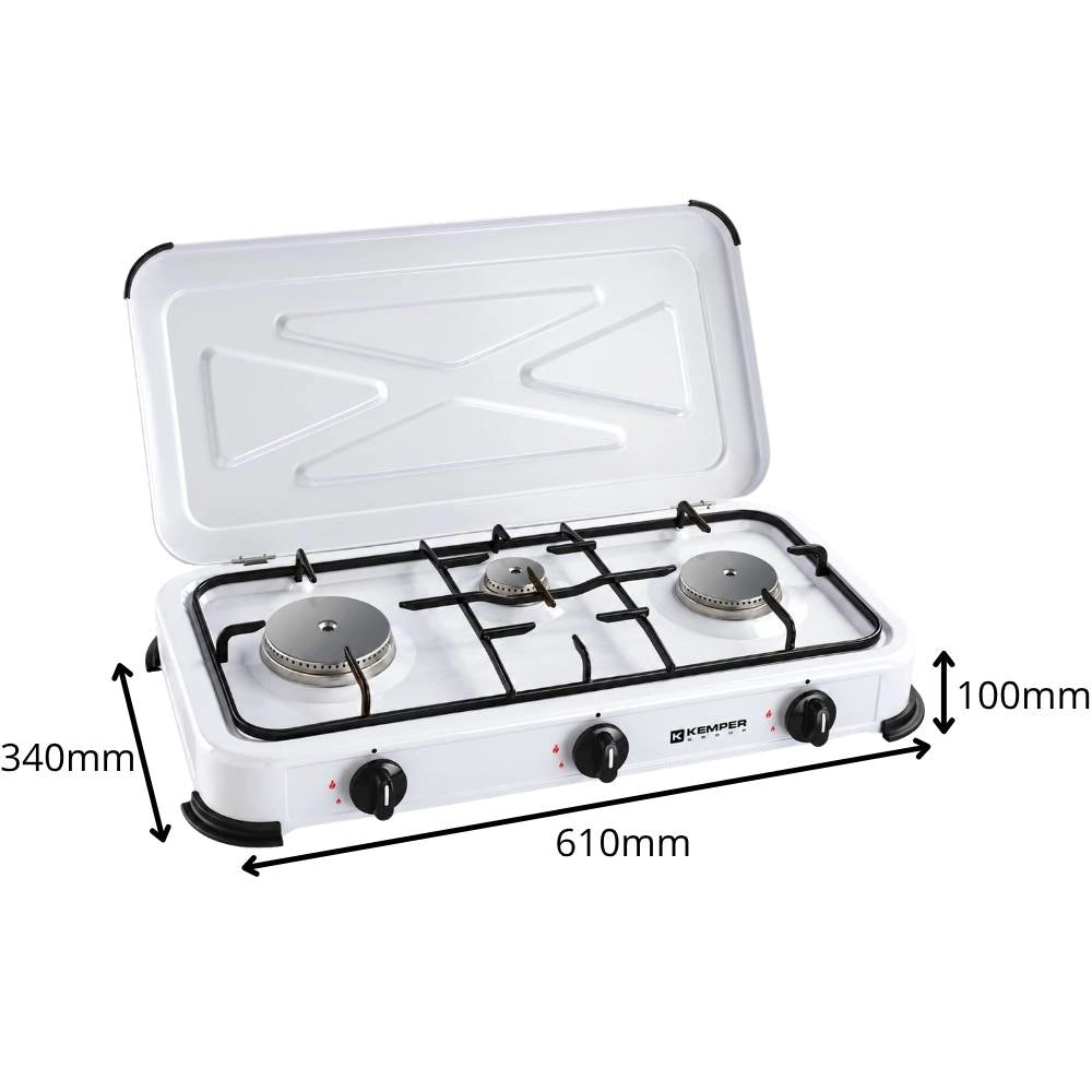 Kemper fornello 3 fuochi bombole butano/propano coperchio griglia removibili bianco piedini plastica antigraffio 1,2 kw
