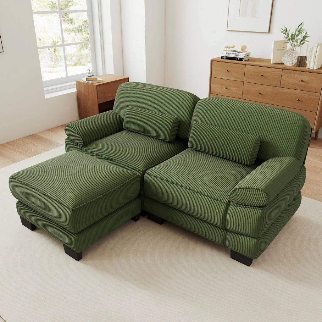 Divano modulare a L con pouf e cuscino lombare; 194 x 161 x 94 cm; verde