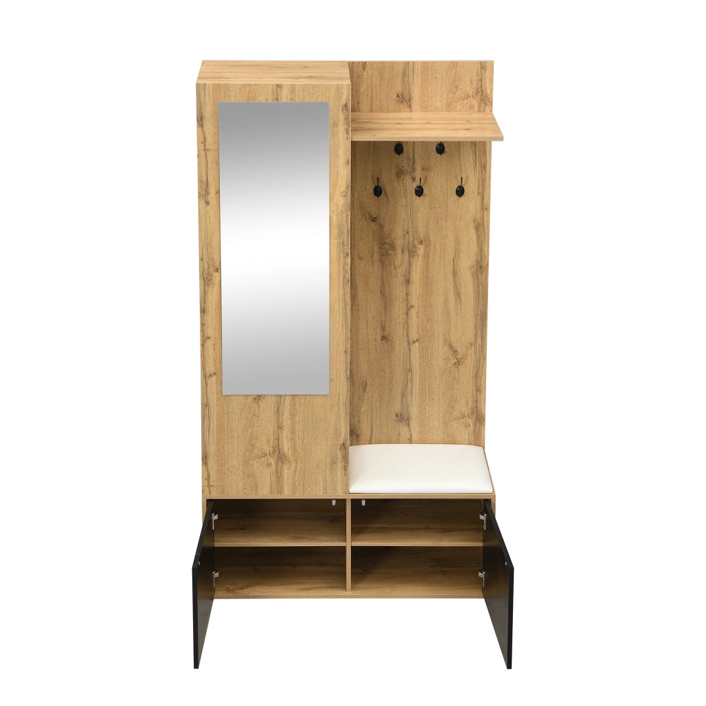 Set guardaroba 5 ganci e 2 scarpiere con specchio e panca per ingresso in MDF colore nero e naturale