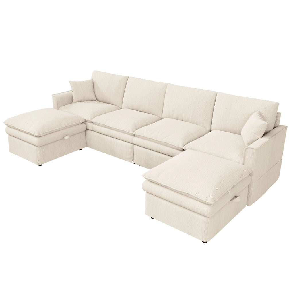 Divano modulare ad angolo a U/L 6 posti con 2 pouf contenitori, tessuto cotone-lino beige, 277×80×135 cm