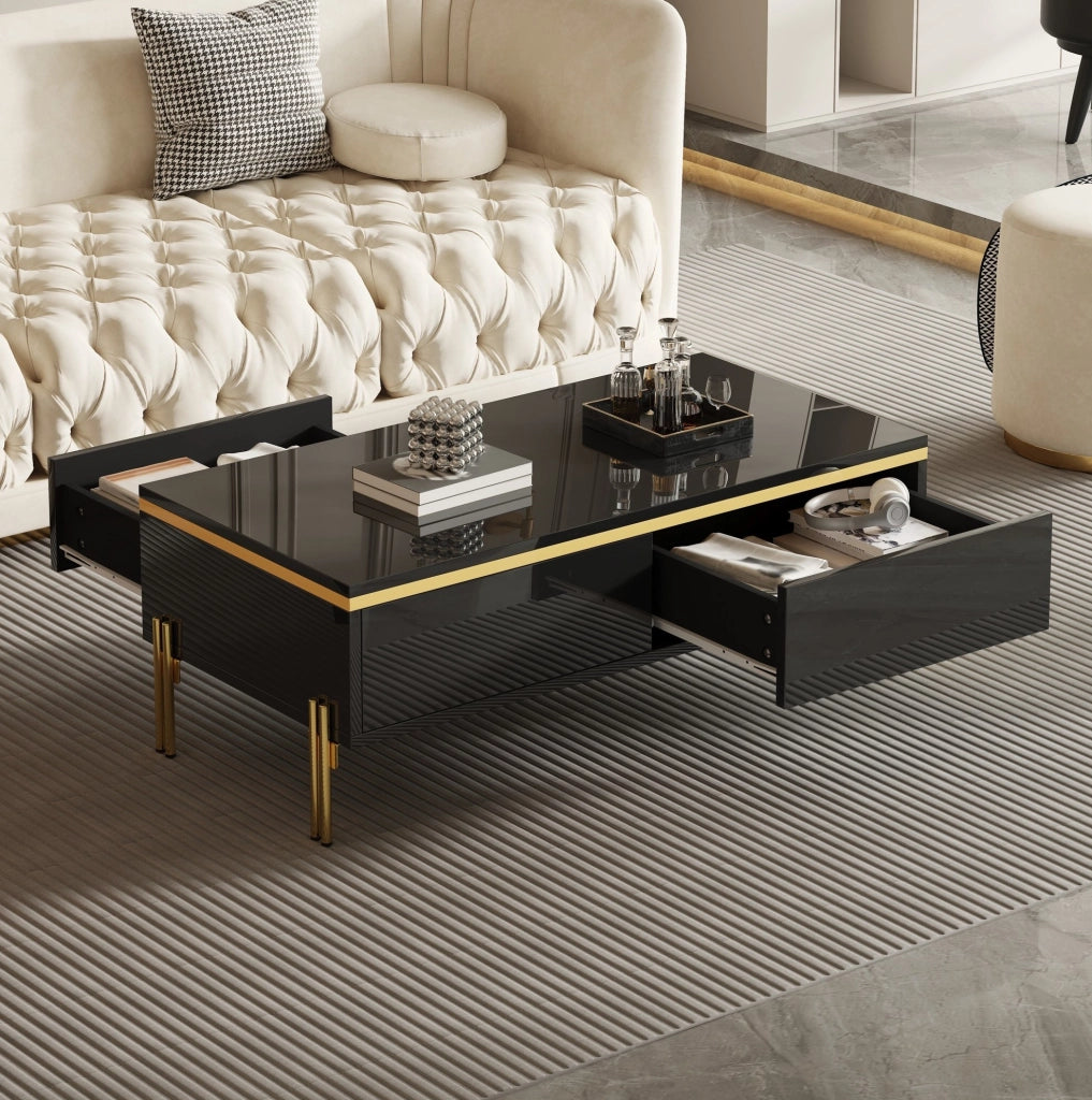 Tavolino da caffè moderno nero 100x50x36 cm in truciolare lucido con cassetti laterali