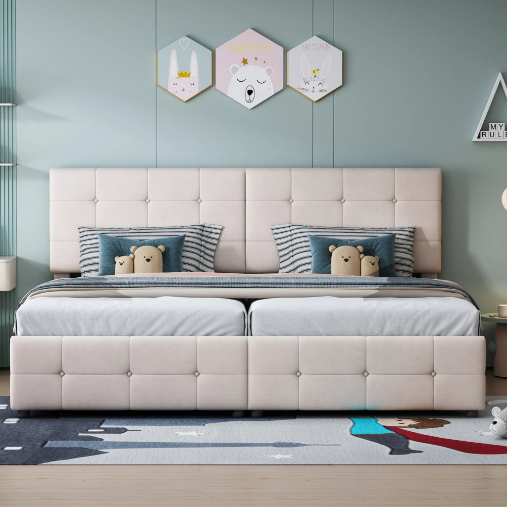 Letto contenitore 180 × 200 cm con apertura idraulica divisibile in due letti rivestito in velluto beige