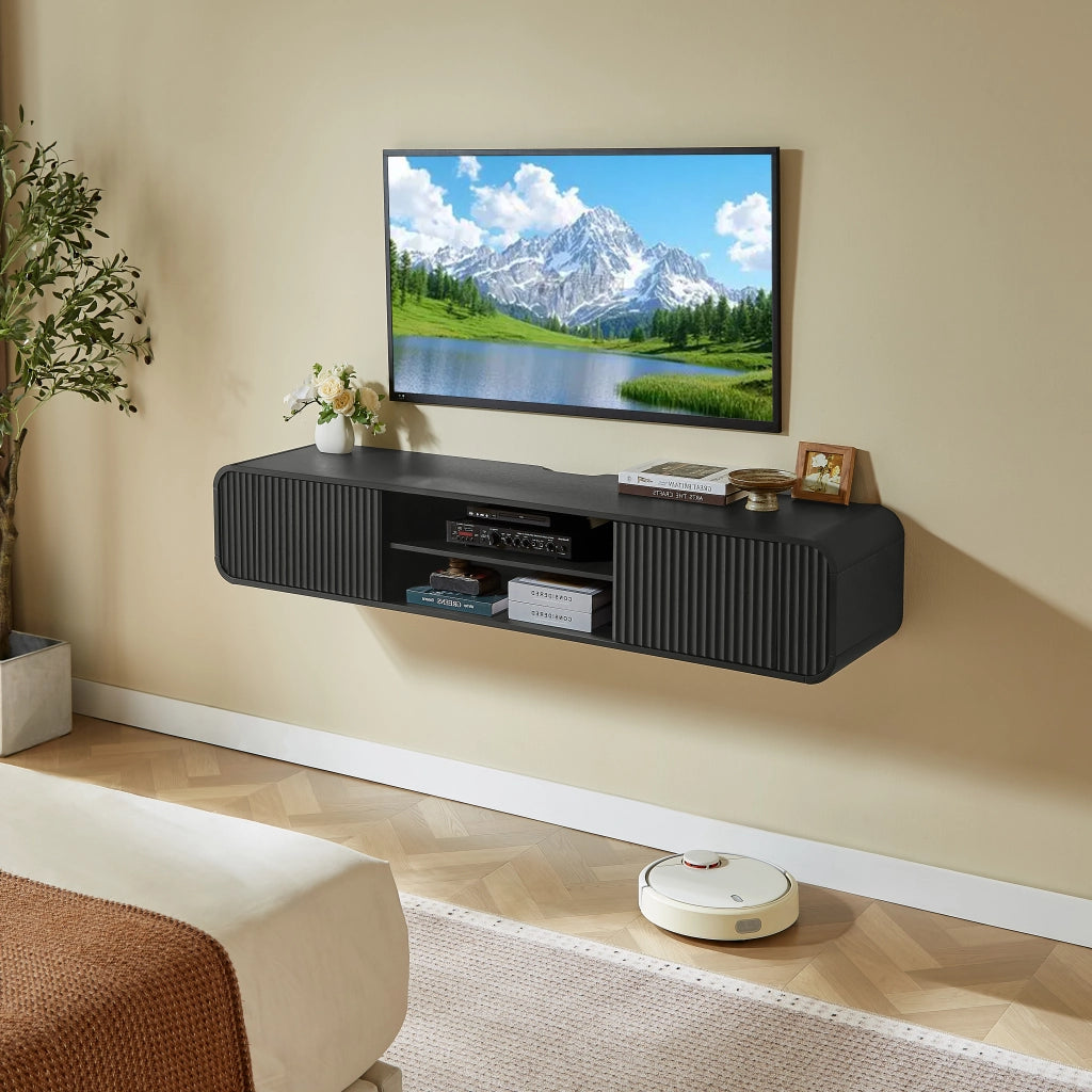 Mobile TV sospeso 160x38x30 cm con vani aperti e passacavi in truciolare nero