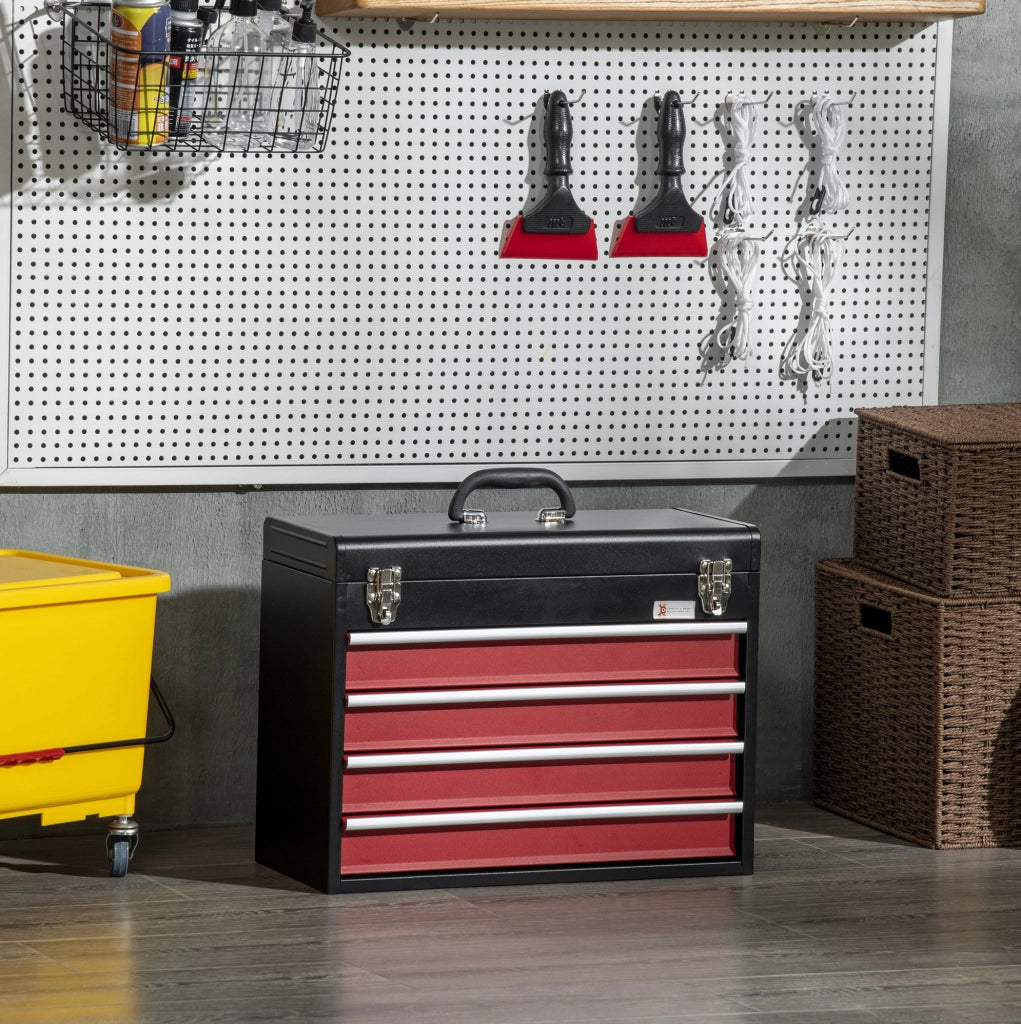 Cassetta porta attrezzi in acciaio con 4 cassetti e serratura 51x22x39,5 cm nero e rosso
