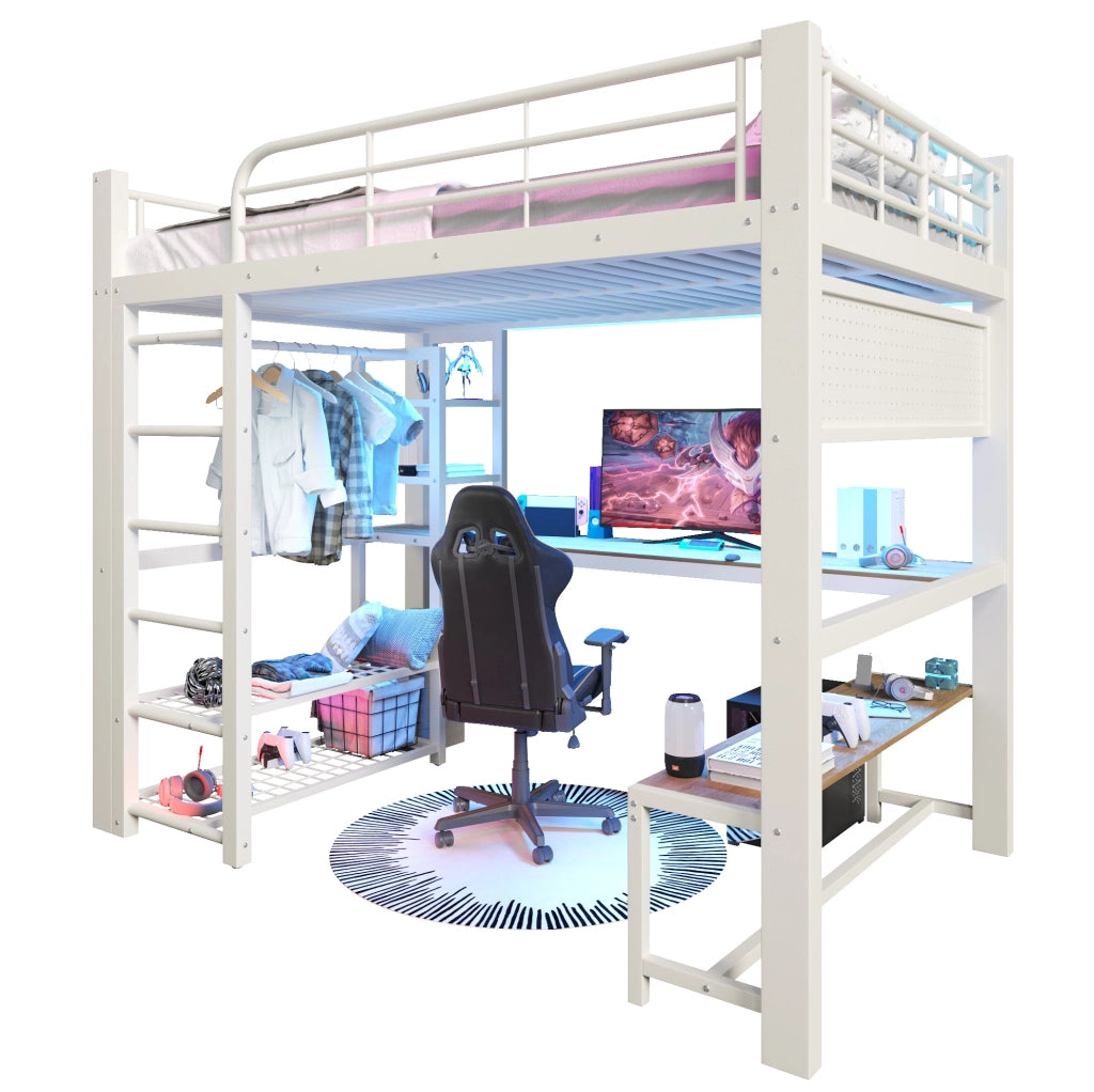 Letto a soppalco 140x200 cm in metallo bianco con scrivania; LED e ripiani HOMVRA
