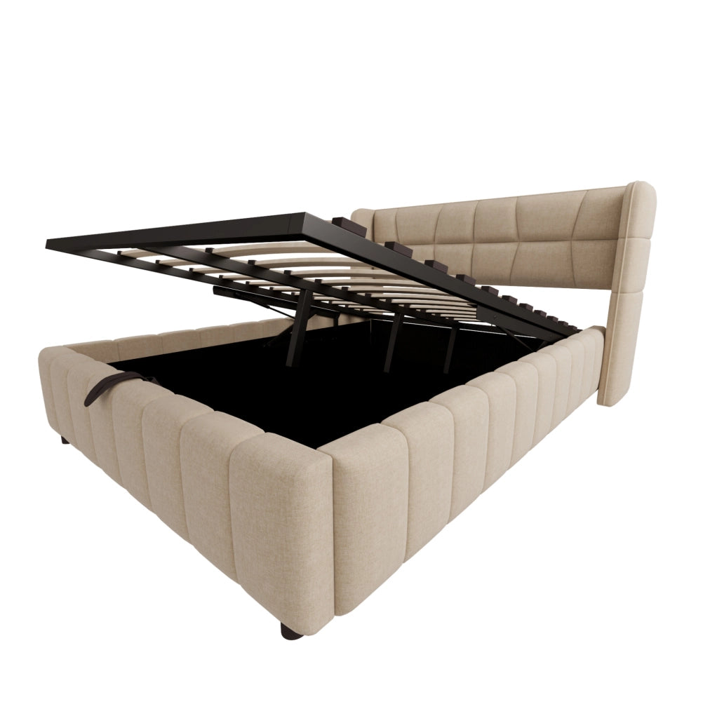 Letto imbottito 140x200 cm con contenitore e struttura in lino beige