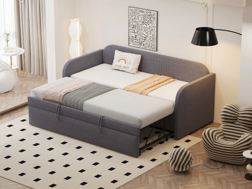 Divano letto imbottito 90x190 cm; letto estraibile 180x190 cm; grigio con rete a doghe