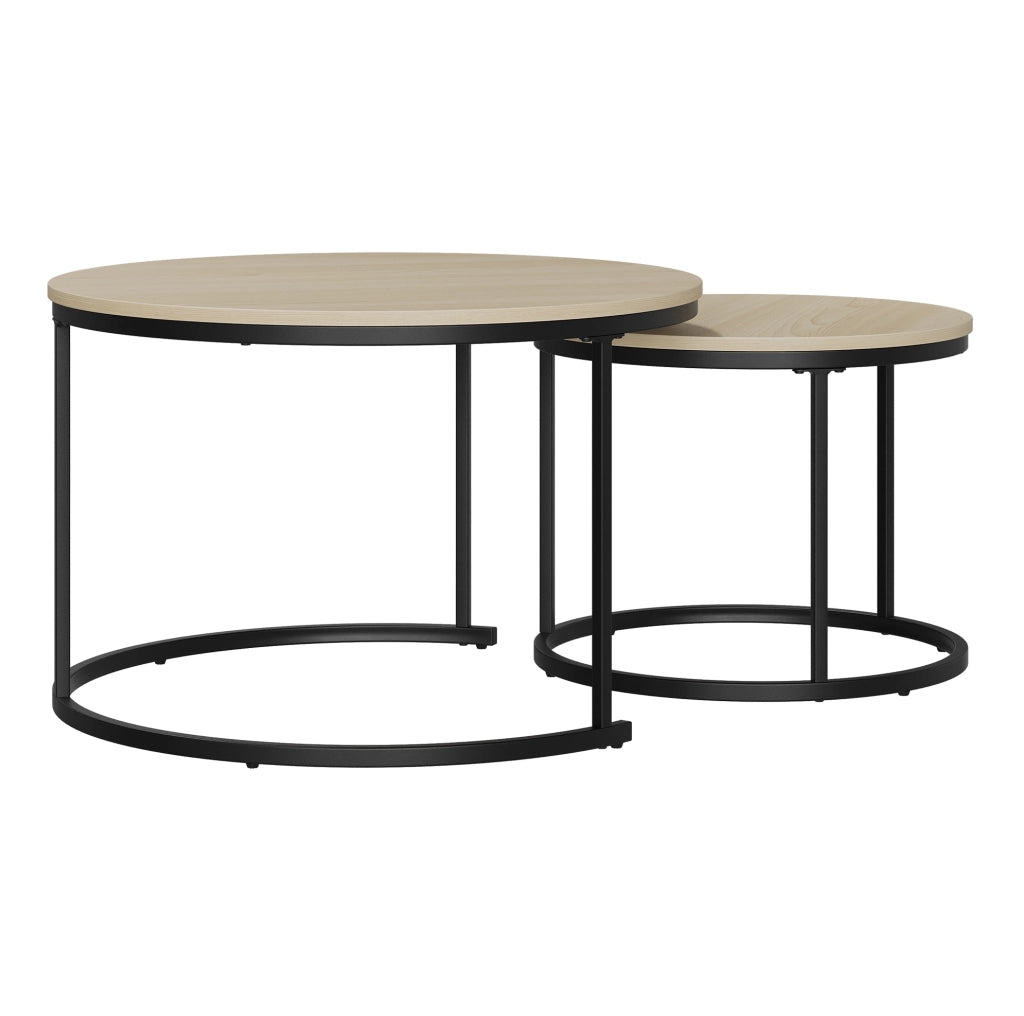 Set di 2 tavolini da salotto rotondi sovrapponibili; effetto rovere; ferro e truciolare