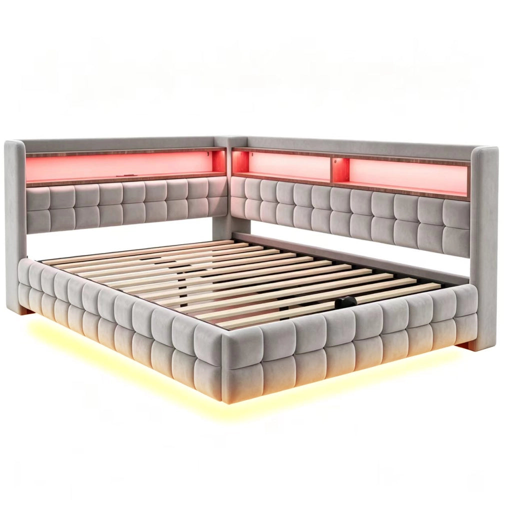 Divano letto imbottito ULEVR 140x200 cm con vano idraulico, LED, presa USB e Type-C, velluto grigio chiaro