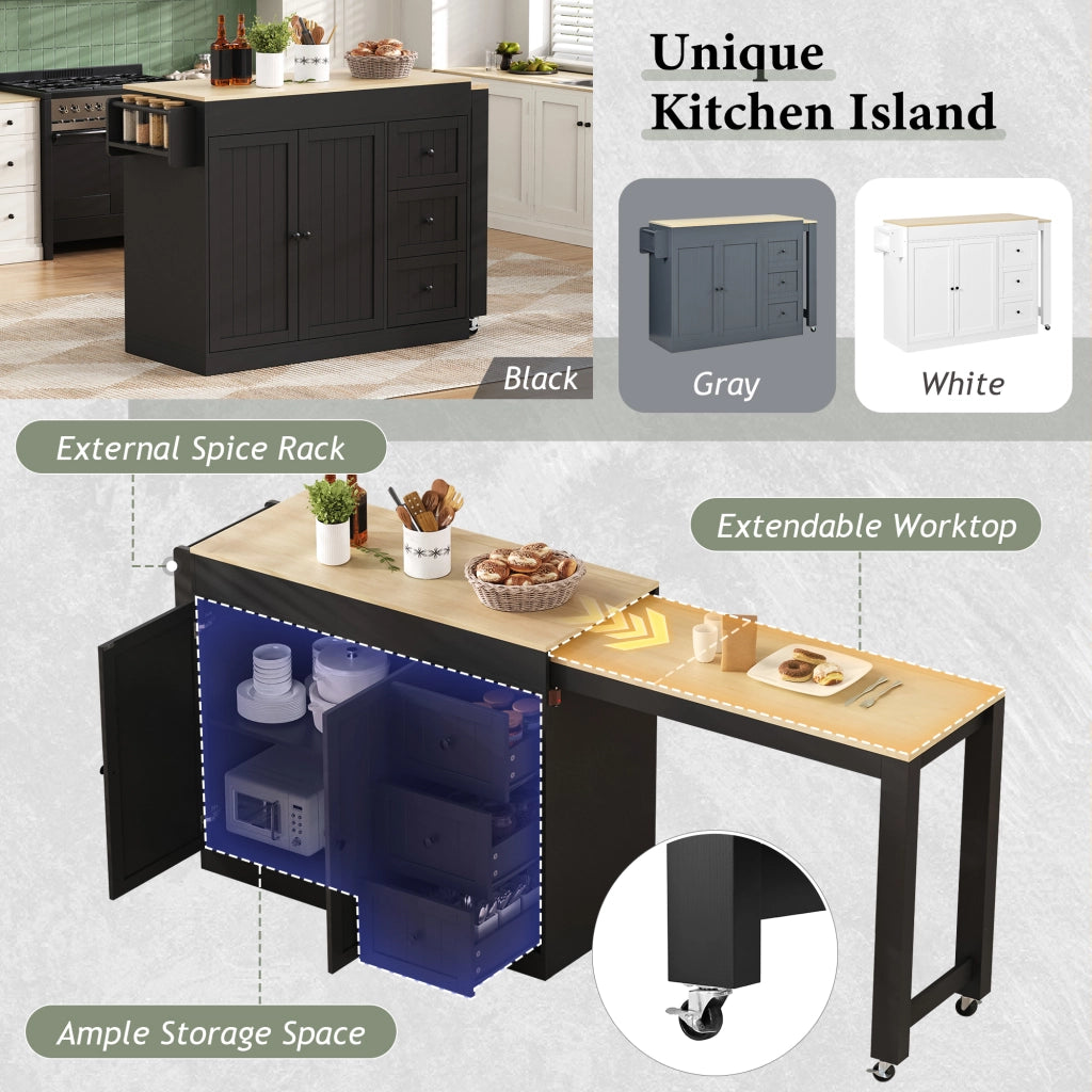 Carrello da cucina su ruote con piano laterale estraibile, 3 cassetti e portaspezie, per cucina e sala da pranzo, nero