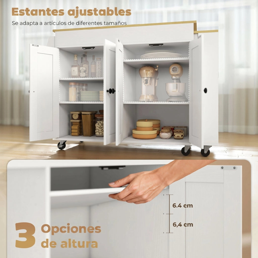 Carrello da Cucina con Ruote ¨C Xylo ¨C Piano Estraibile 4 Ante Ripiani Regolabili Portaspezie Bianco