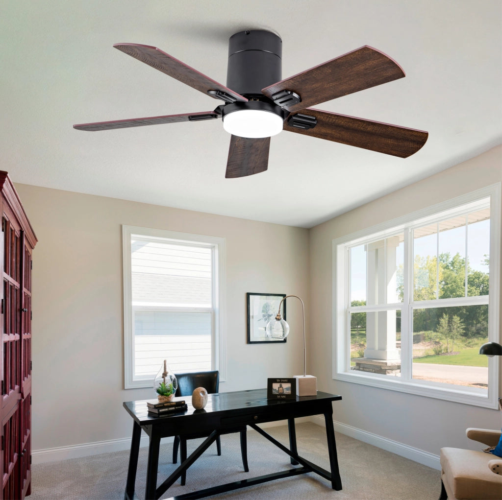 Ventilatore da soffitto piatto 42" nero con telecomando, LED dimmerabile 3 colori, motore DC reversibile silenzioso con memoria, per interni e esterni coperti