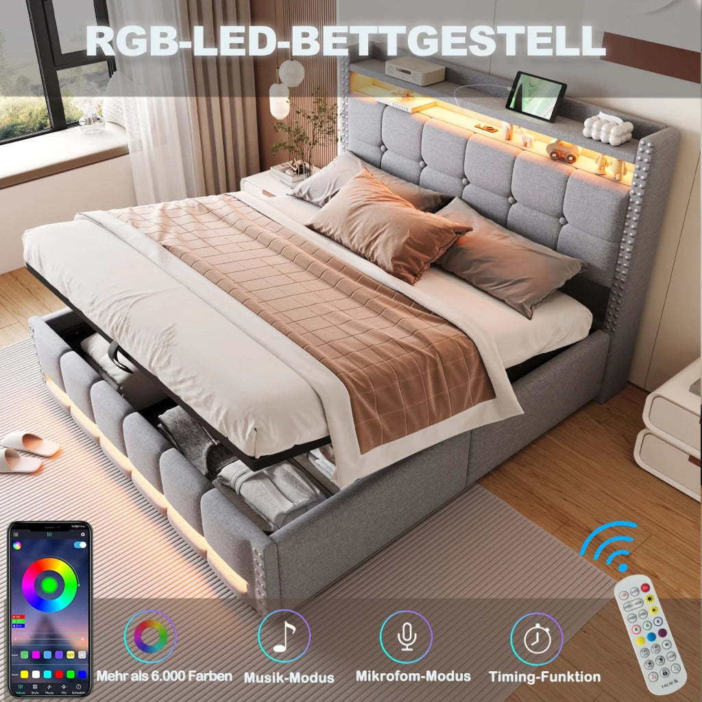 Letto matrimoniale 160×200 cm 2 posti con contenitore idraulico; LED multicolore e USB; senza materasso; grigio chiaro