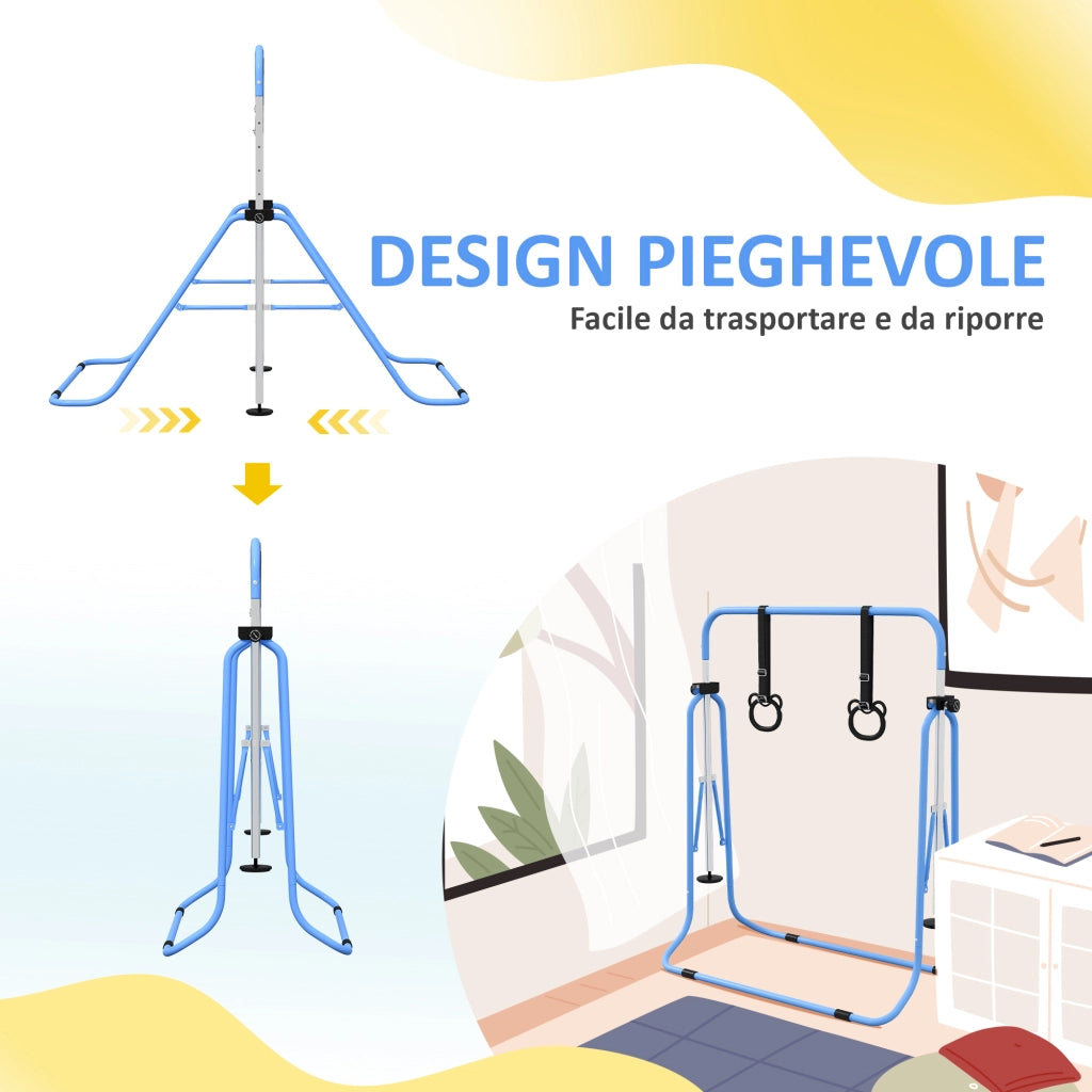 Sbarra Ginnastica Artistica per Bambini 148x105x88-128 cm ad Altezza Regolabile con 2 Anelli in Acciaio Blu