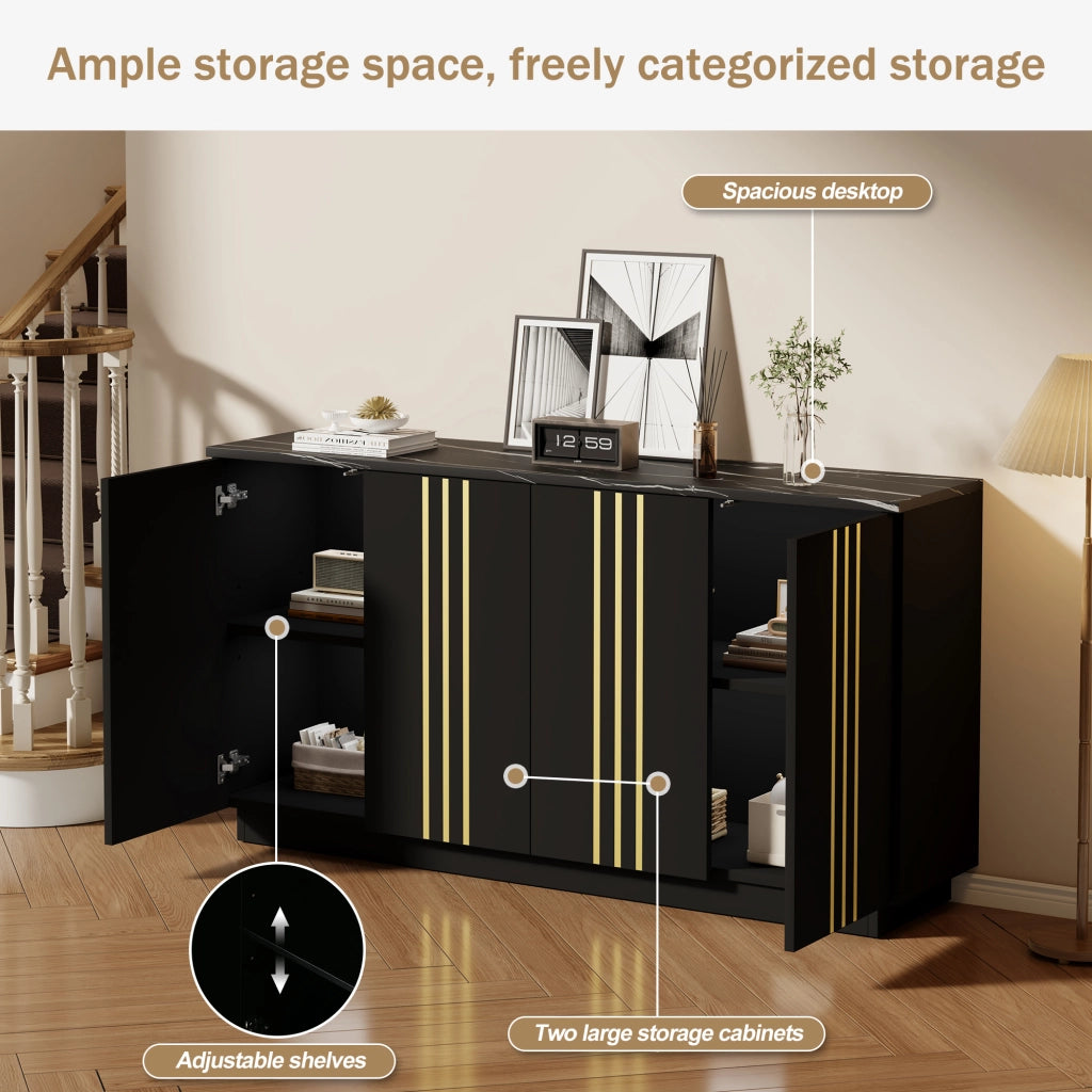 Madia con 4 ante e divisori regolabili in truciolato nero e oro con piano effetto pietra 35 × 140 × 70 cm