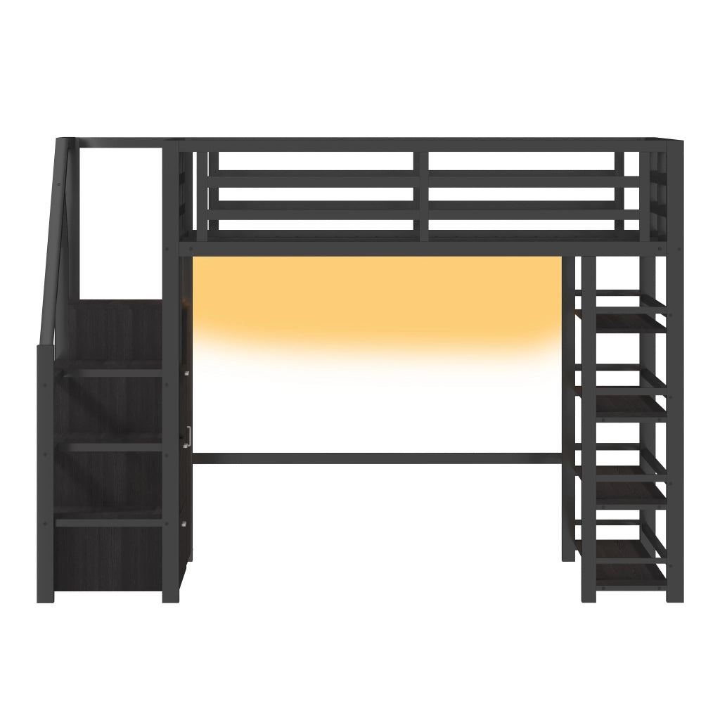 Letto a soppalco nero salvaspazio con scaffale; armadio e scala contenitore