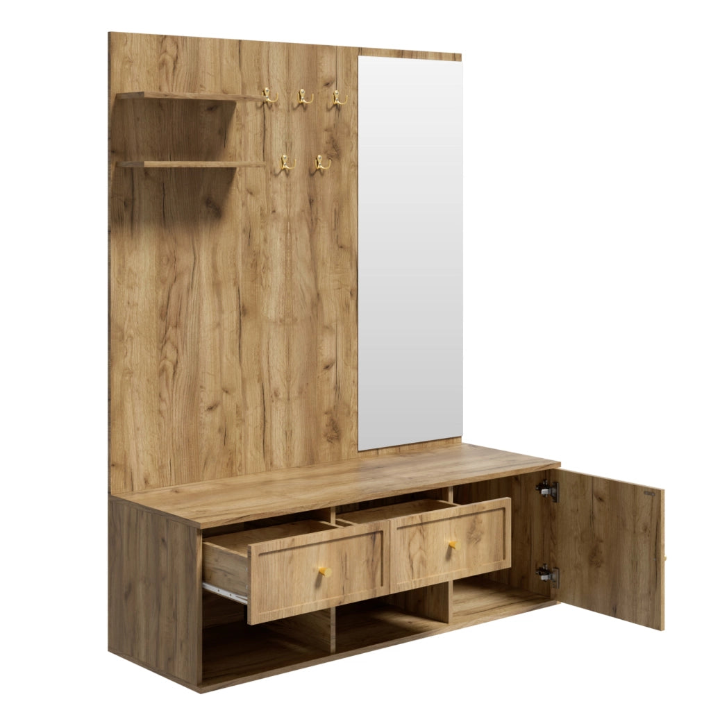 Set Appendiabiti da Parete con Specchio, Cassetti, Scaffale Sospeso, 5 Ganci e Panca Portascarpe, in Truciolare Effetto Legno, 120×35×159 cm